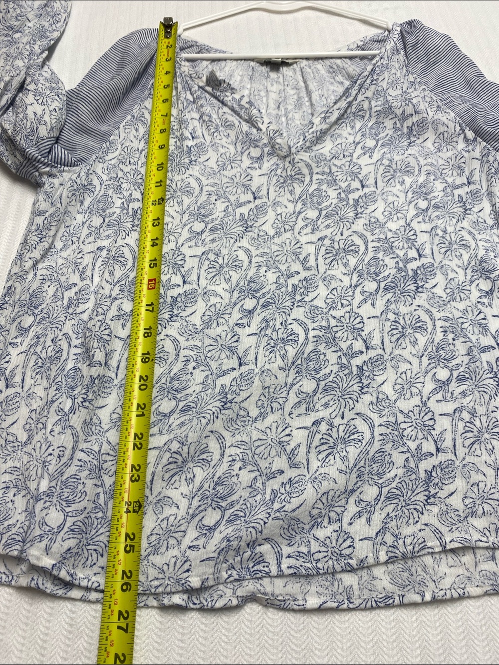 Lucky Brand Boho Peasant Blouse Coastal Blue Floral Stripe Mixed Print | Medium - Picture 11 of 11
